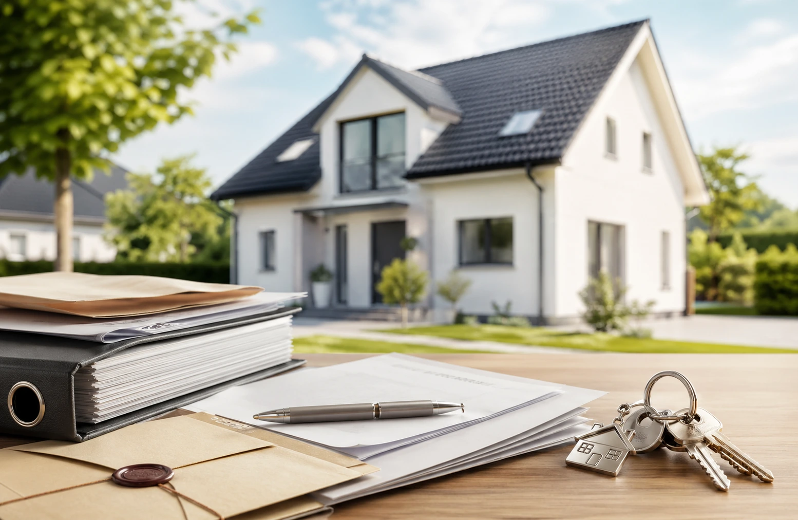 Geerbte Immobilie verkaufen: Schlüssel, Unterlagen und Einfamilienhaus als Symbol für den Immobilienverkauf im Erbfall