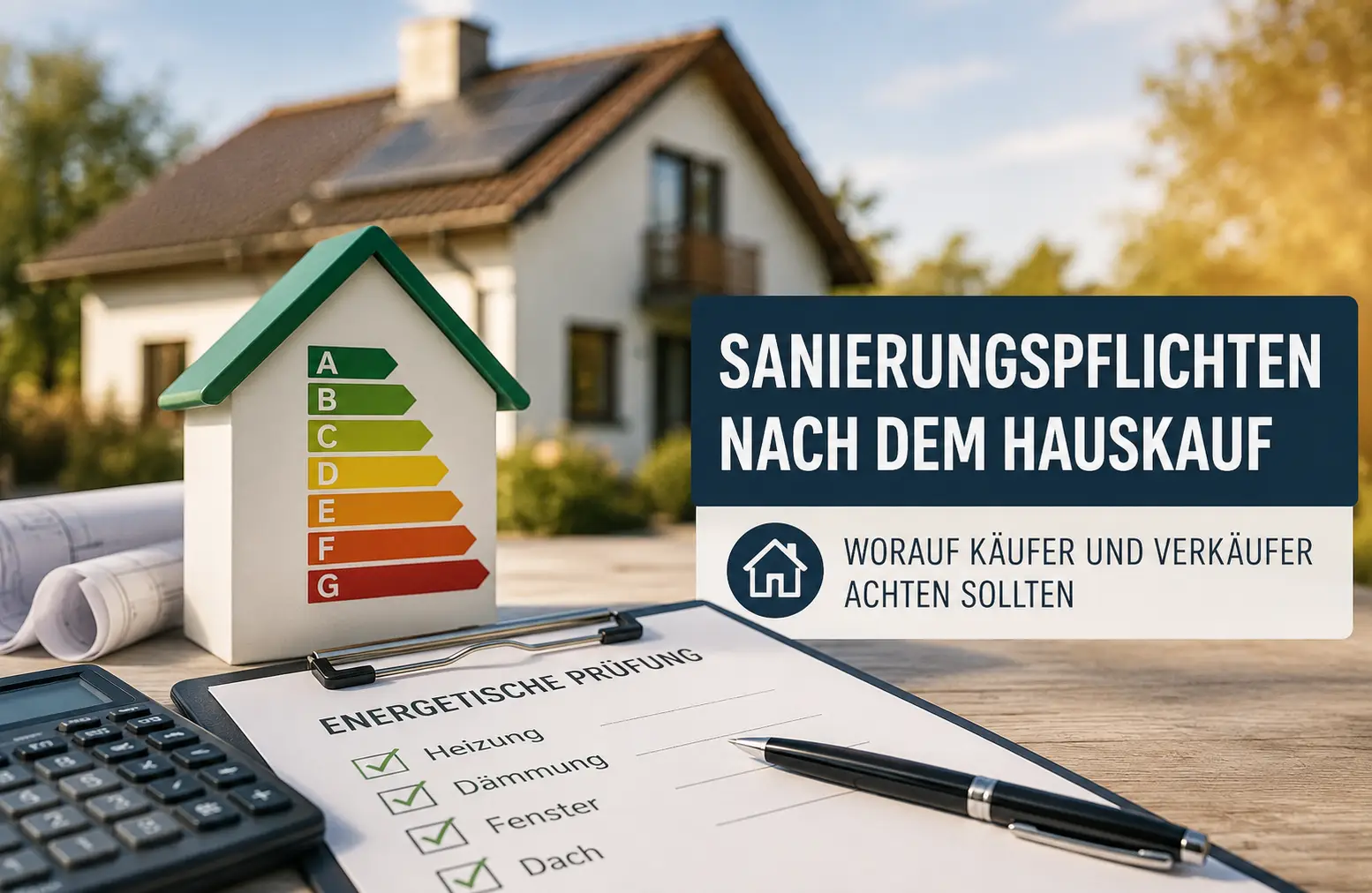 Energieeffizientes Wohnhaus mit Modernisierungs-Checkliste als Symbol für Sanierungspflichten nach dem Hauskauf.