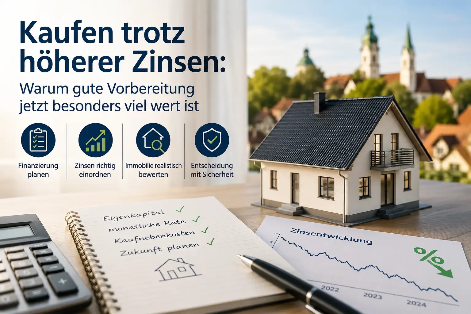 Hausmodell mit Finanzierungsunterlagen zum Thema Immobilienkauf trotz höherer Zinsen